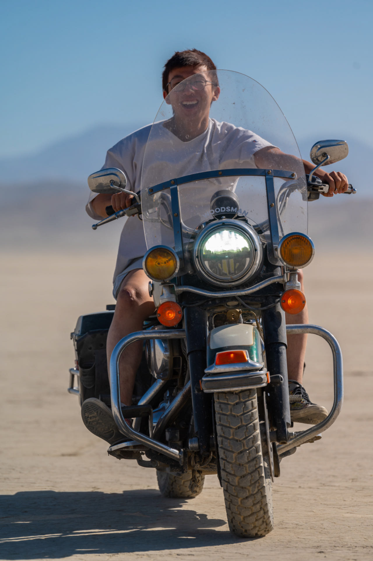 Peter riding a retired Florida Highway Patrol Harley Road Glide at El Mirage dry lake bed, 2022